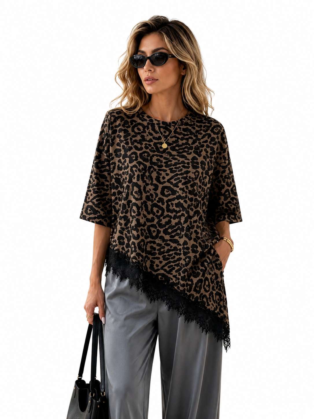 2026 Summer New Arrival Women's Oversized Ruffle Print Leopard Print Padded Lacing Loose Fit T-Shirt