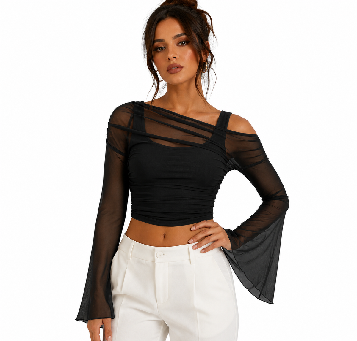 Luna Sheer Off-Shoulder Crop Top