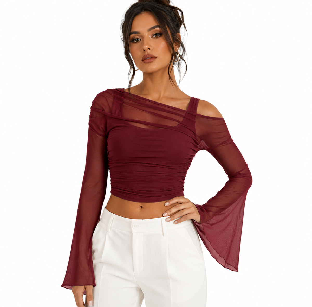 Luna Sheer Off-Shoulder Crop Top