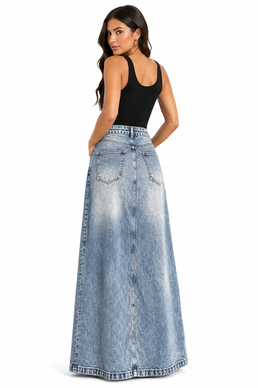 High-Waisted Denim Maxi Skirt with Irregular Side Slit