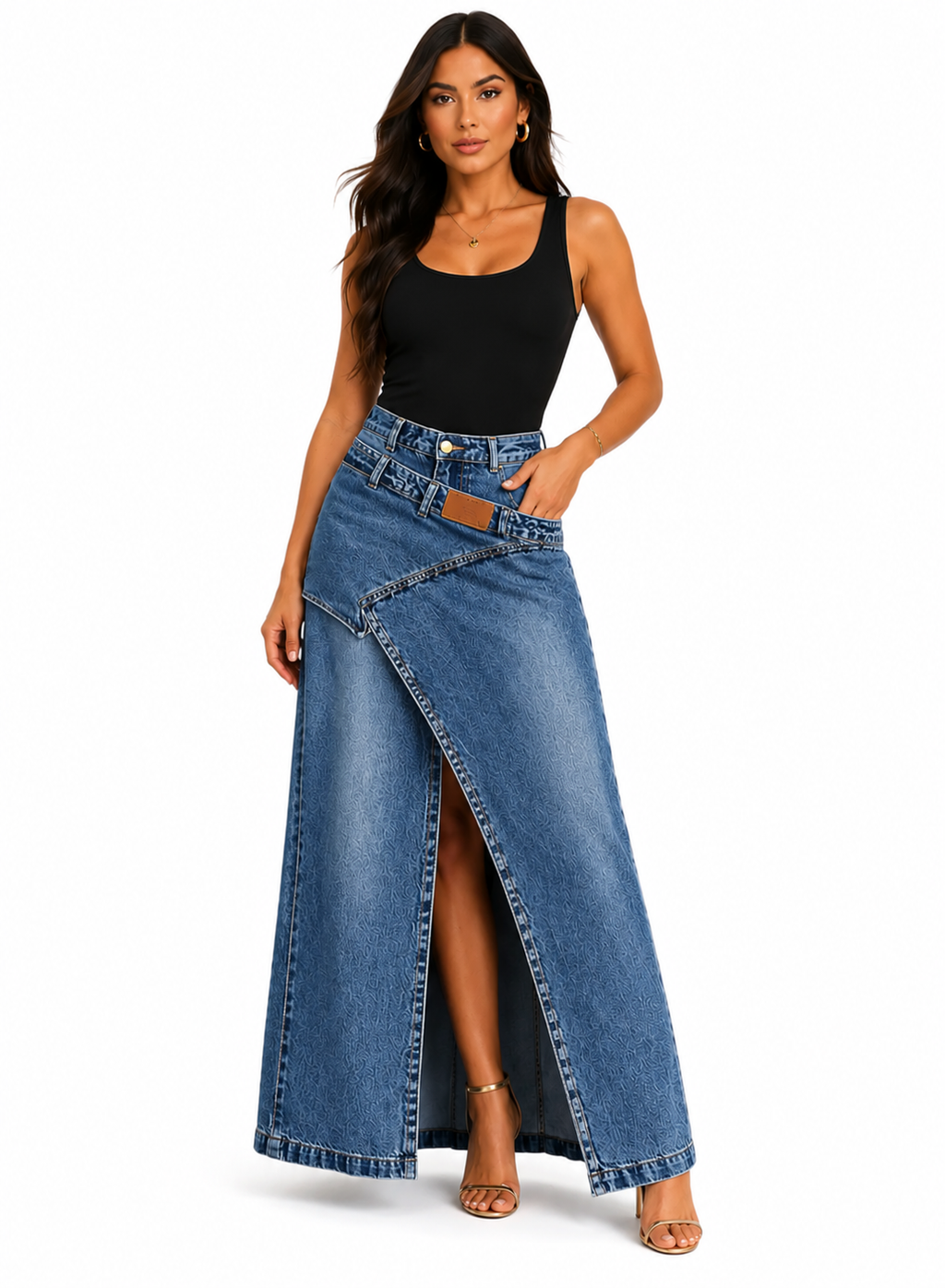 High-Waisted Denim Maxi Skirt with Irregular Side Slit