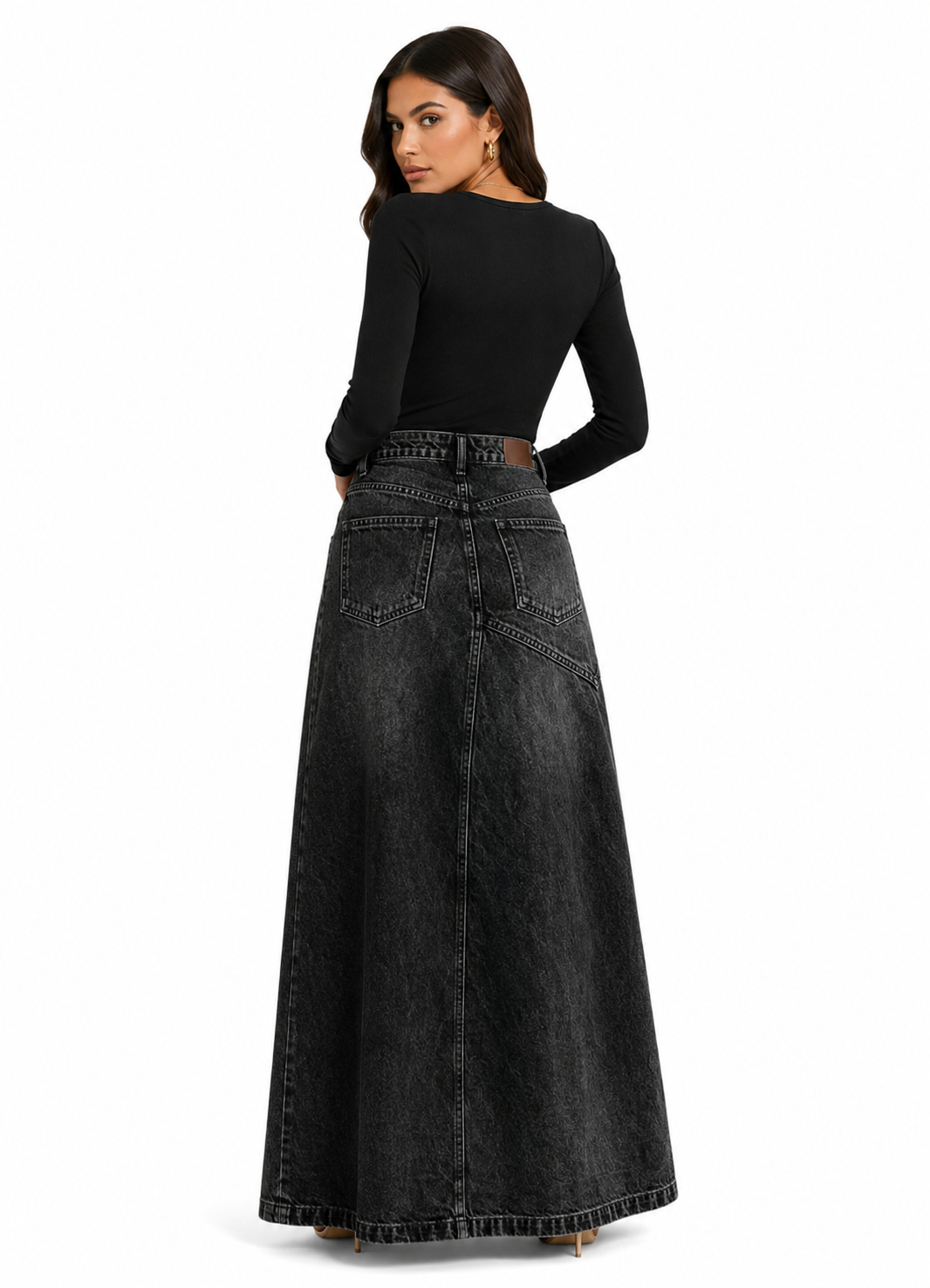 High-Waisted Denim Maxi Skirt with Irregular Side Slit