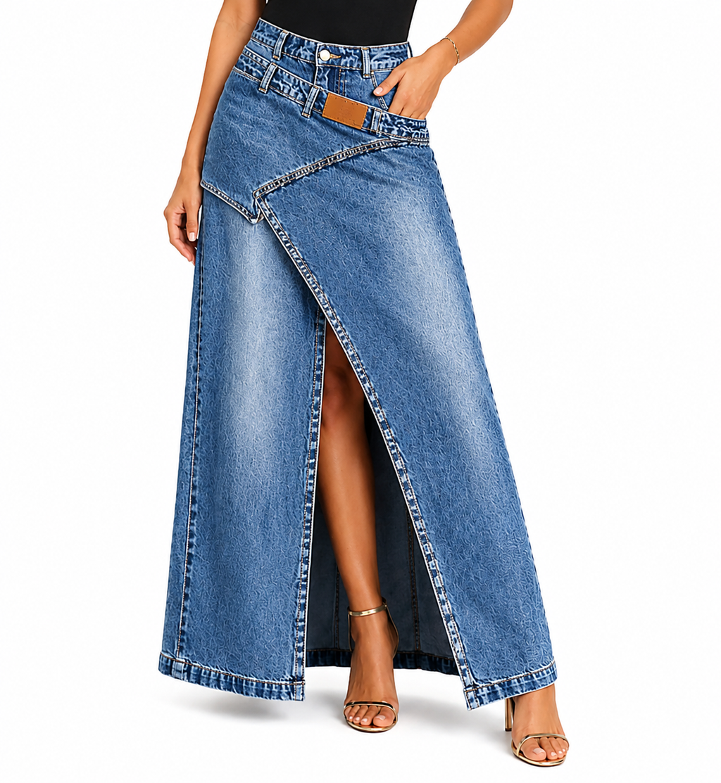 High-Waisted Denim Maxi Skirt with Irregular Side Slit