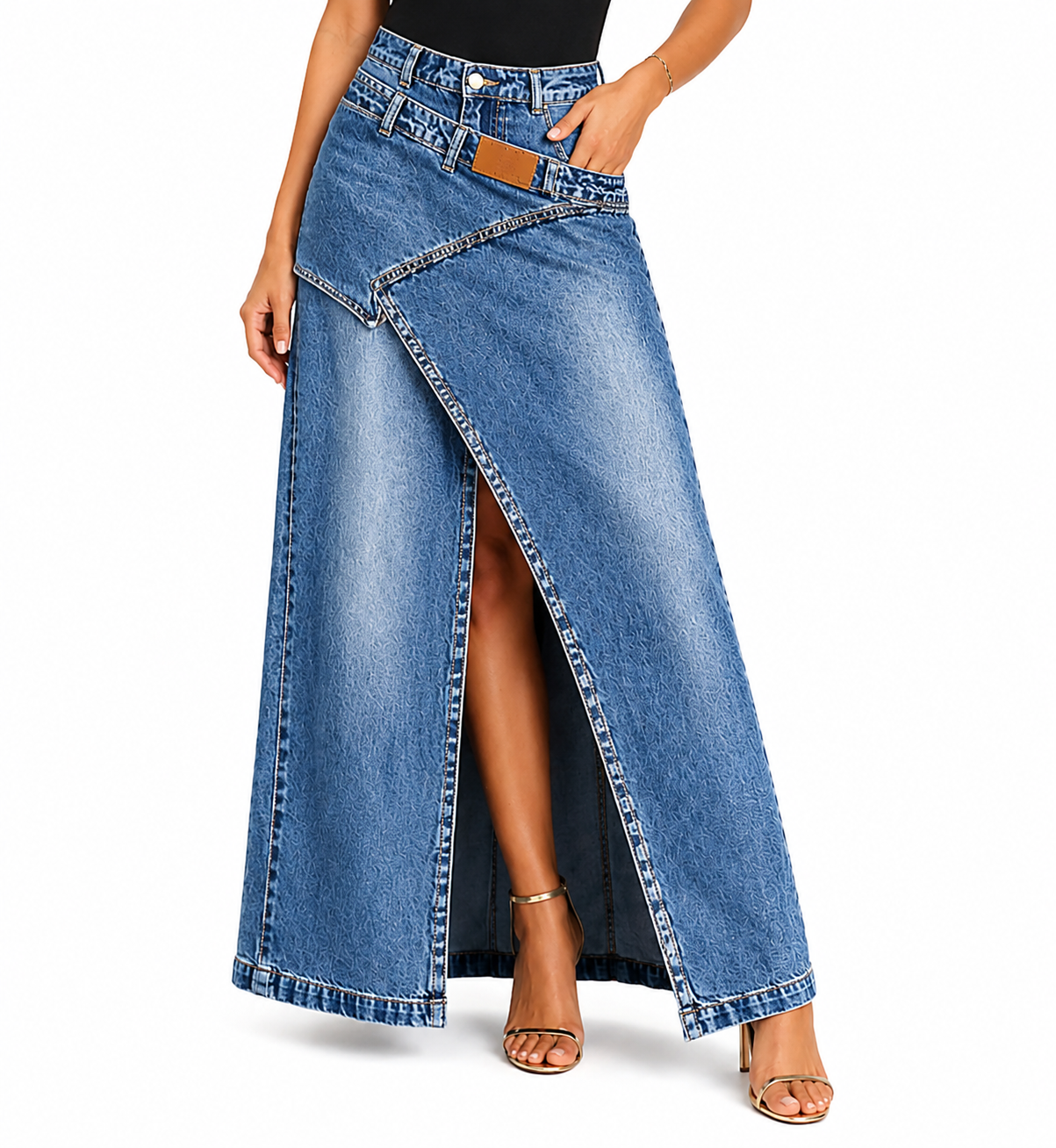 High-Waisted Denim Maxi Skirt with Irregular Side Slit