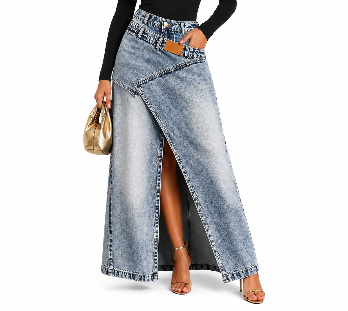 High-Waisted Denim Maxi Skirt with Irregular Side Slit