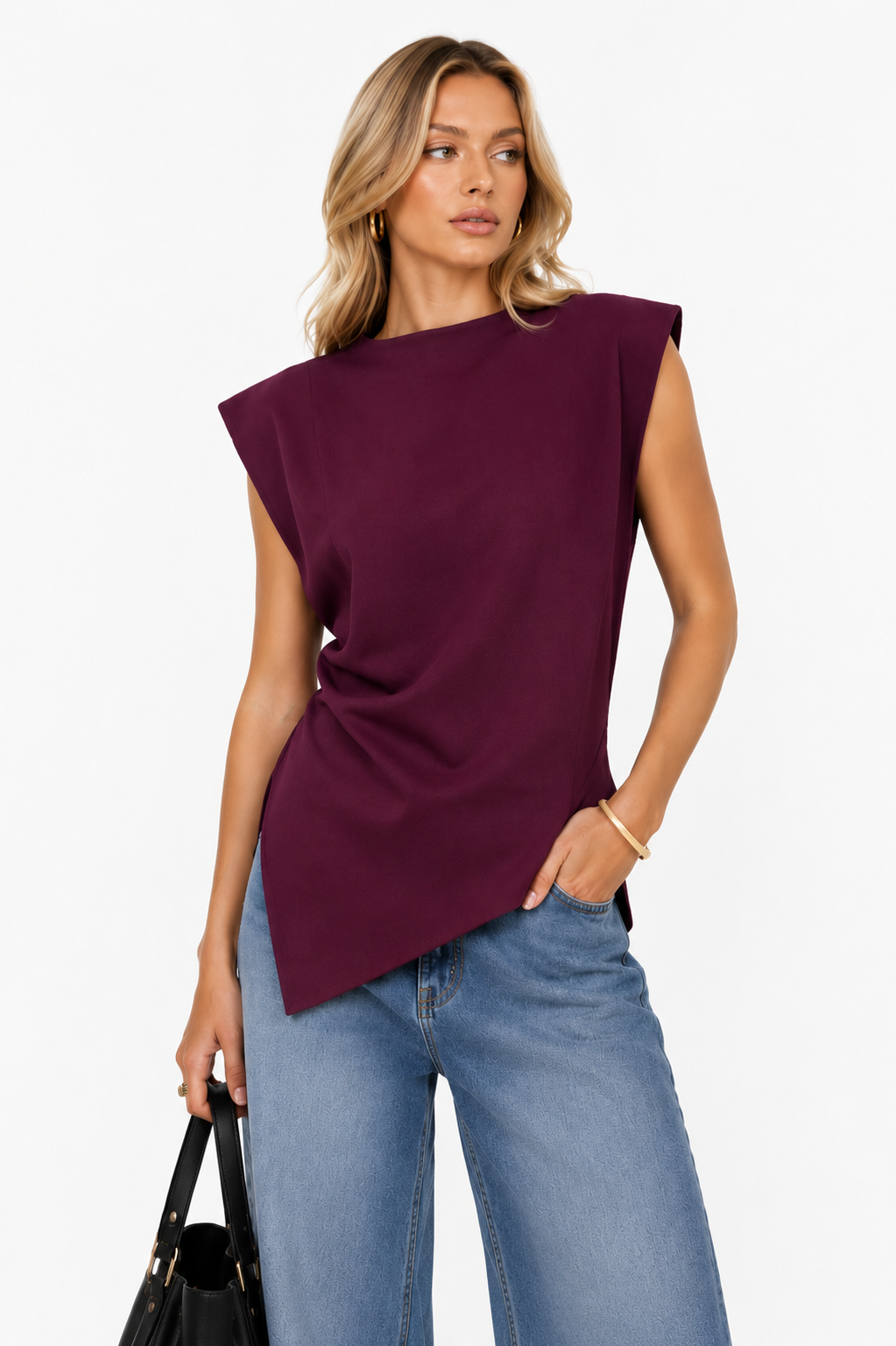 Ruched Sleeveless Asymmetric Hem Top