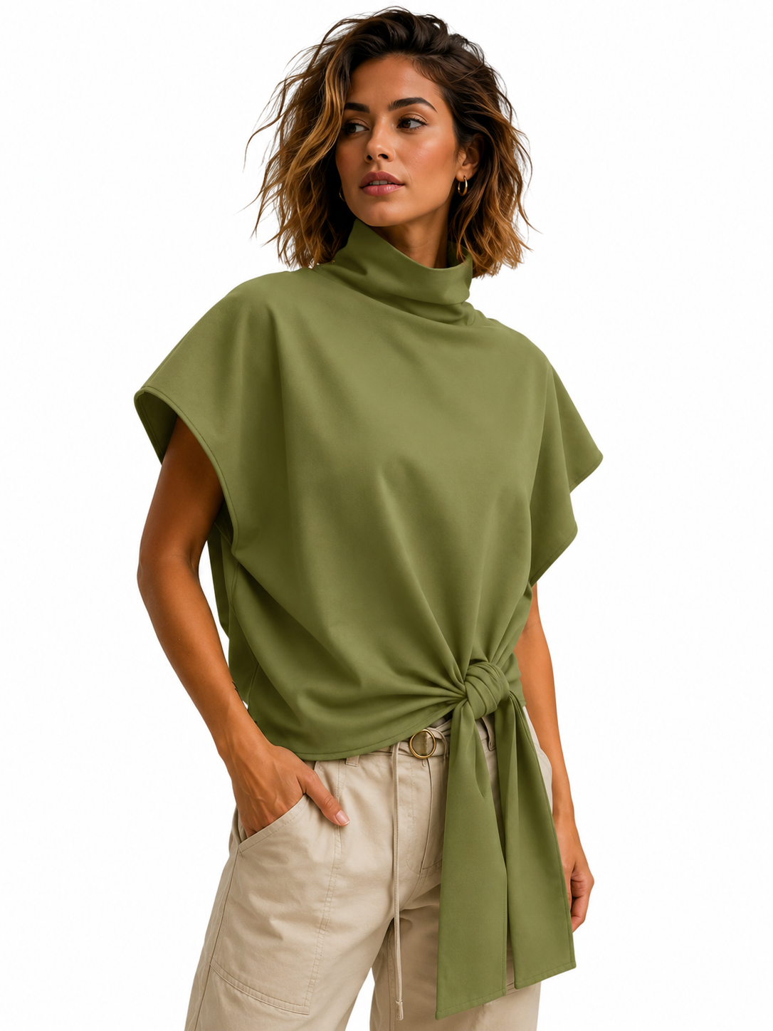 Elegant High Neck Tie-Front Blouse