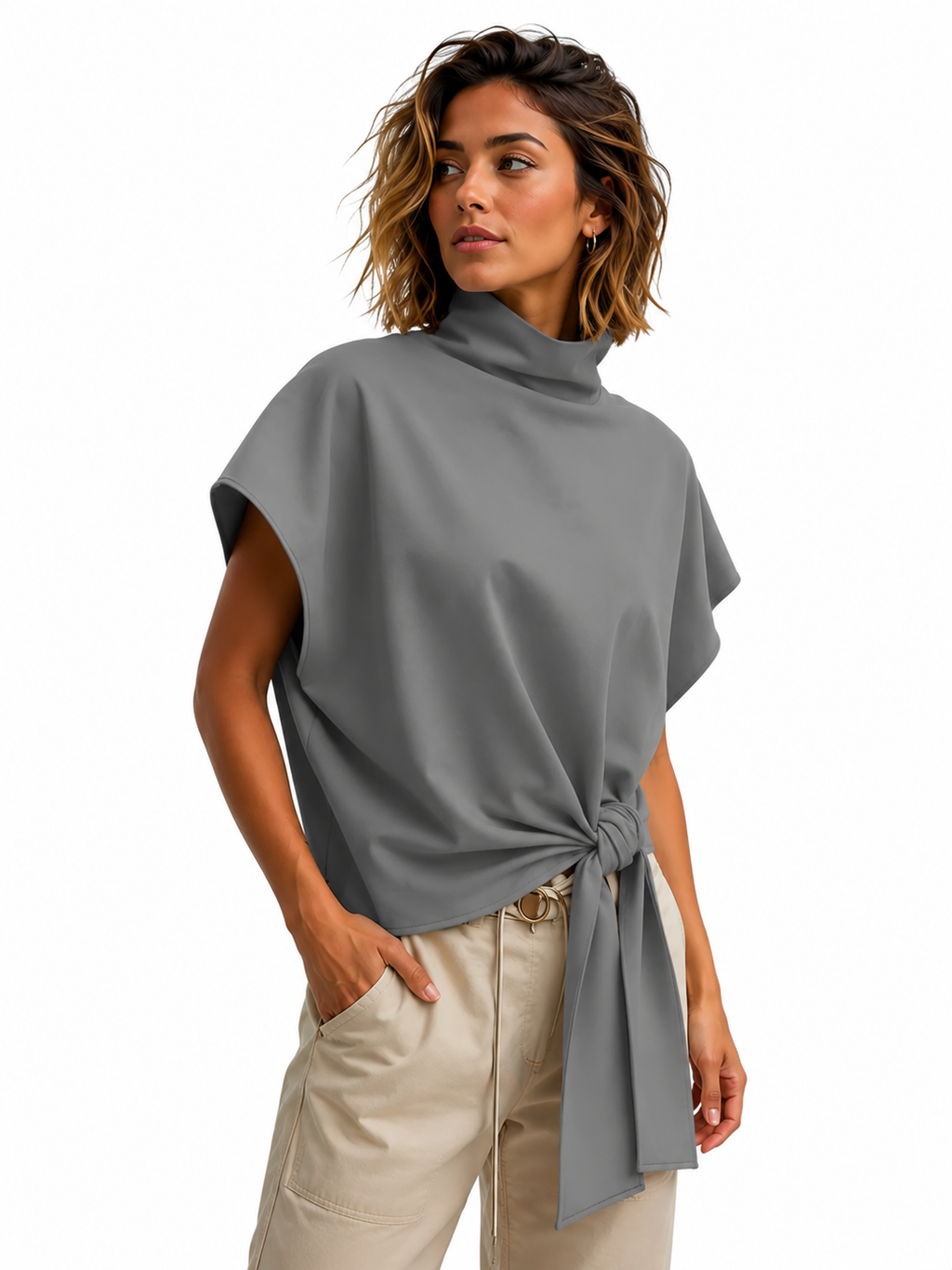 Elegant High Neck Tie-Front Blouse