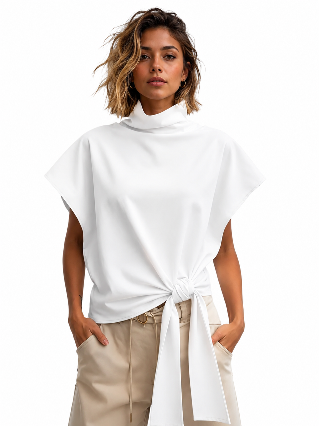 Elegant High Neck Tie-Front Blouse